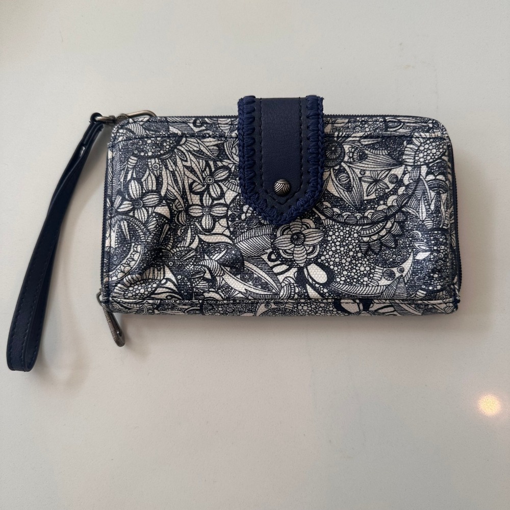The Sak Navy White Floral Doodle Large Smartphone Wristlet Wallet Zip Around